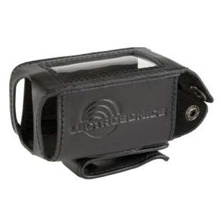 PHTRAN3 leatherette pouch angled front view showing embossed Lectrosonics logo, clear display window on top and snap closure flap, Lectrosonics