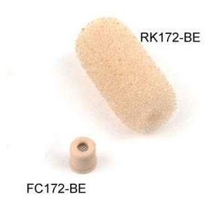 RK172-BE replacement windscreen for HM172 earset mic, beige foam cover shown enlarged beside the small FC172-BE cap with mesh grille, Lectrosonics