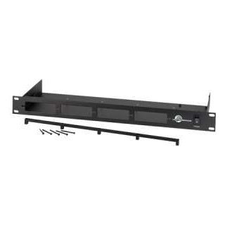 RMP195 4-channel rack mount front angled view showing black 1U panel with four receiver bays, power switch and logo, with separate retaining bar and screws laid out in front, Lectrosonics