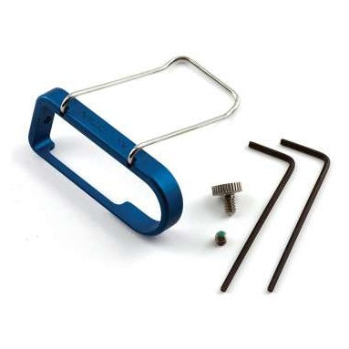 SM series antenna-up belt clip kit with blue anodized frame and machined wire clip, shown with knurled thumb screw, small set screw and two hex keys, Lectrosonics
