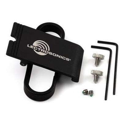 Spring-loaded replacement belt clip for miniature bodypack transmitters, shown with two thumbscrews, a small set screw and two hex keys, Lectrosonics