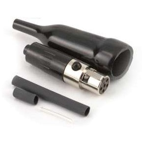 SMKITTA5 TA5F connector kit components laid out, showing nickel-plated 5-pin female connector, black strain relief boot and gray heat shrink tubing sections, Lectrosonics