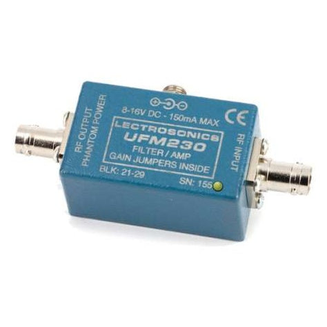 UFM230 UHF filter/amp module top and side view showing blue enclosure, BNC RF input and output connectors, DC power jack and green LED, Lectrosonics