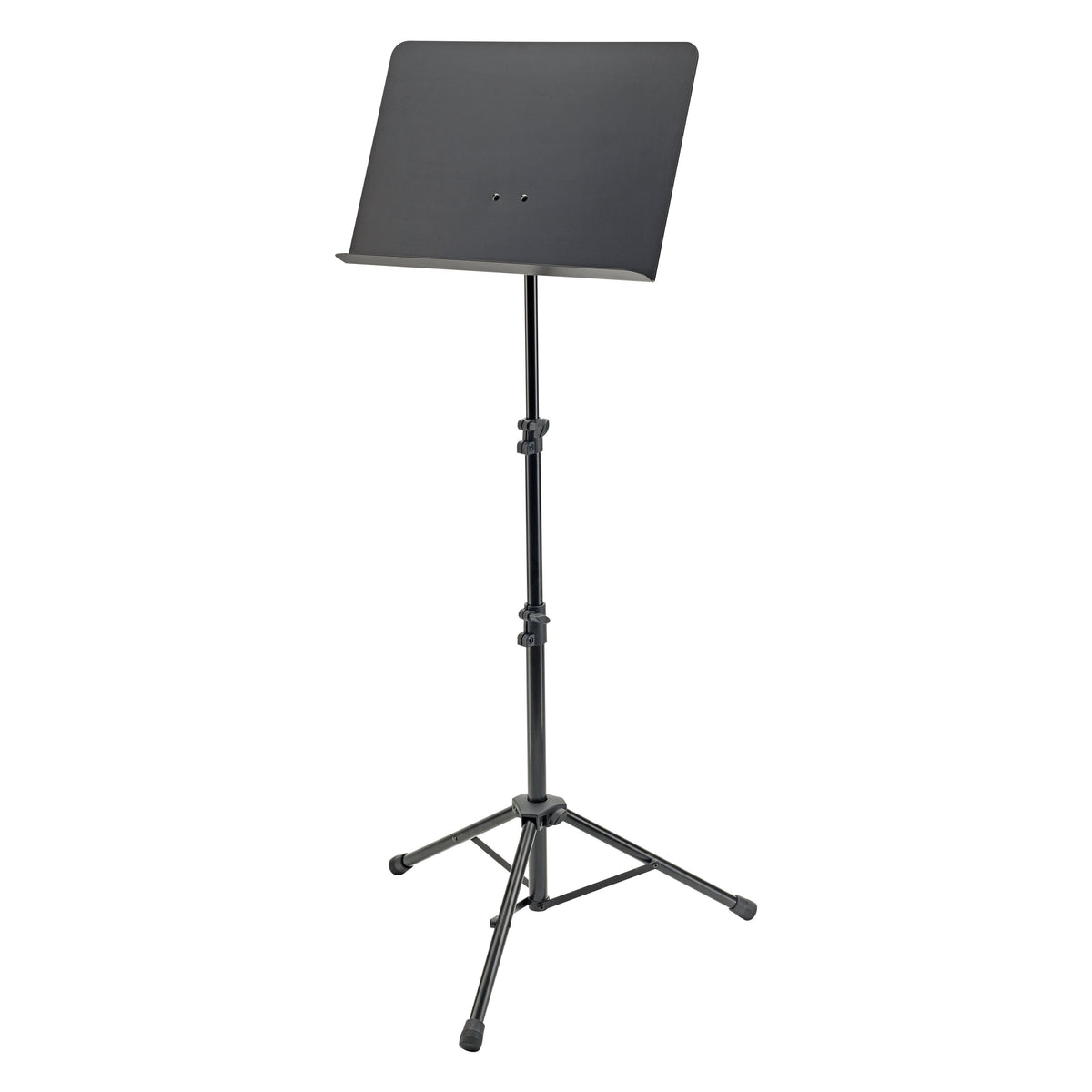 11870 orchestra music stand full front view with black perforated desk, two telescoping height clamps and tripod base, K&M