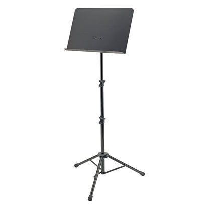 11870 orchestra music stand full front view with black perforated desk, two telescoping height clamps and tripod base, K&M