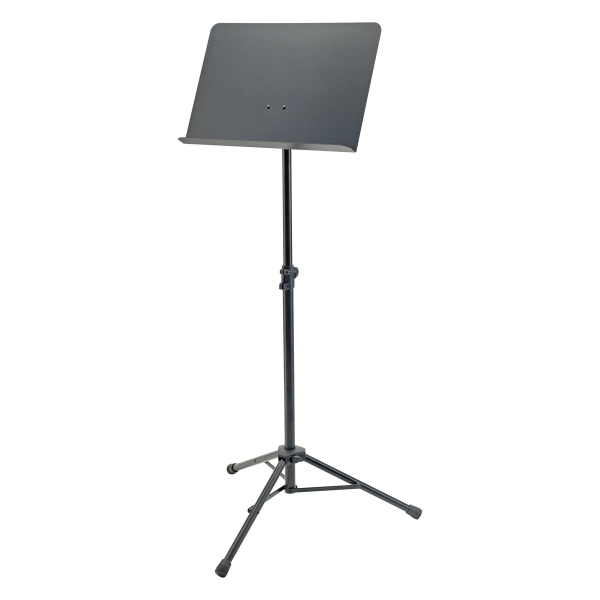 11960 orchestra music stand full front view with black perforated steel desk on tripod base and height-adjustment clamp, K&M