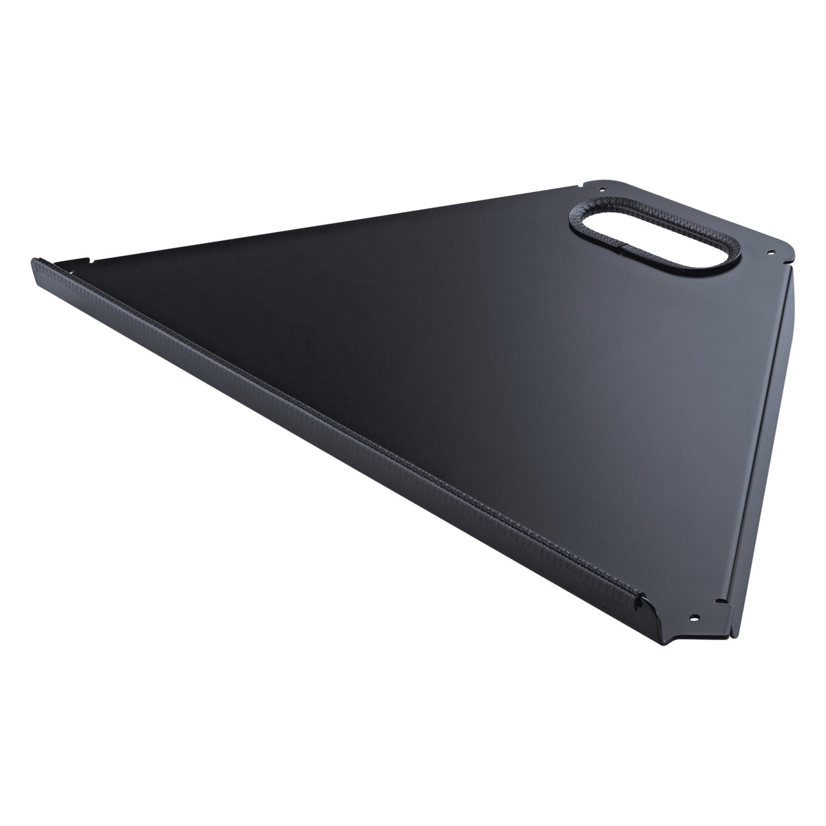 18876 Spider Pro controller keyboard tray angled top view showing black triangular aluminum platform with cable pass-through handle cutout, K&M