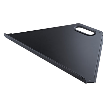 18876 Spider Pro controller keyboard tray angled top view showing black triangular aluminum platform with cable pass-through handle cutout, K&M