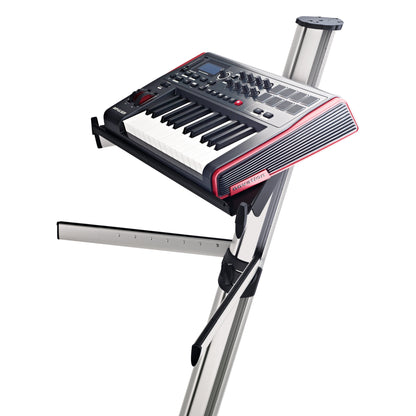 18876 Spider Pro controller keyboard tray in use holding a Novation Impulse MIDI controller mounted on a silver aluminum keyboard stand, K&M