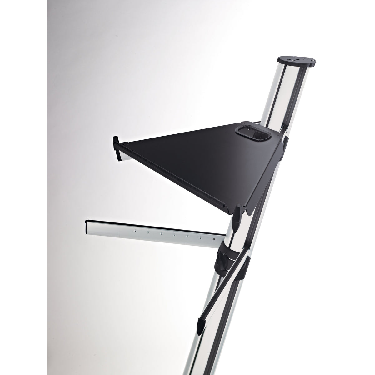 18876 Spider Pro controller keyboard tray mounted on silver aluminum stand column with support arm and clamp, handle cutout visible, K&M