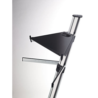 18876 Spider Pro controller keyboard tray mounted on silver aluminum stand column with support arm and clamp, handle cutout visible, K&M