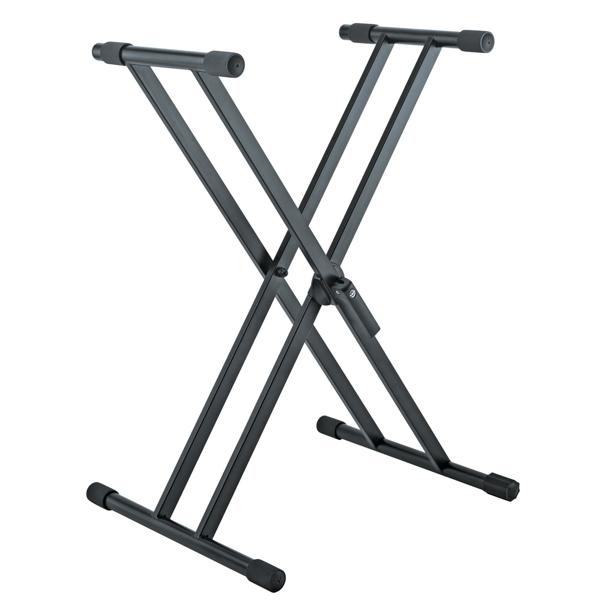 18990 double-braced X-style keyboard stand front three-quarter view in black with padded support tubes and rubber foot caps, K&M