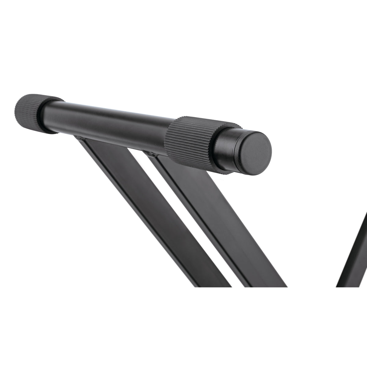 18990 keyboard stand detail of upper support tube with knurled adjustment rings and black end cap above the double-braced legs, K&M