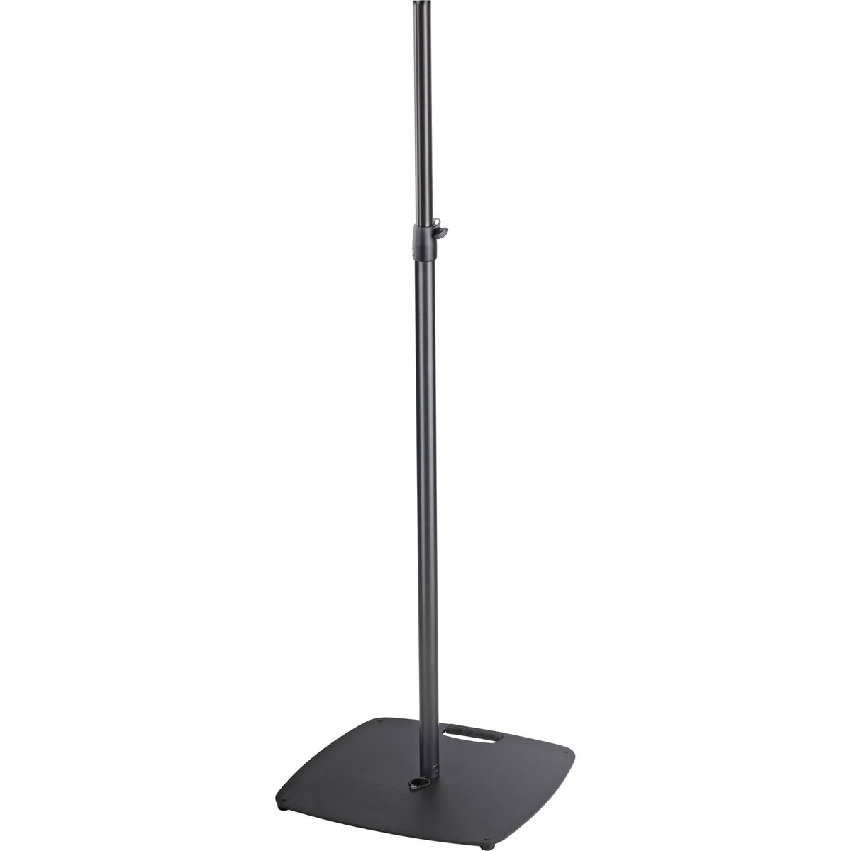 24624 heavy steel base lighting stand full front view showing black square base with carry handle cutout and telescoping column with clamp collar, K&M