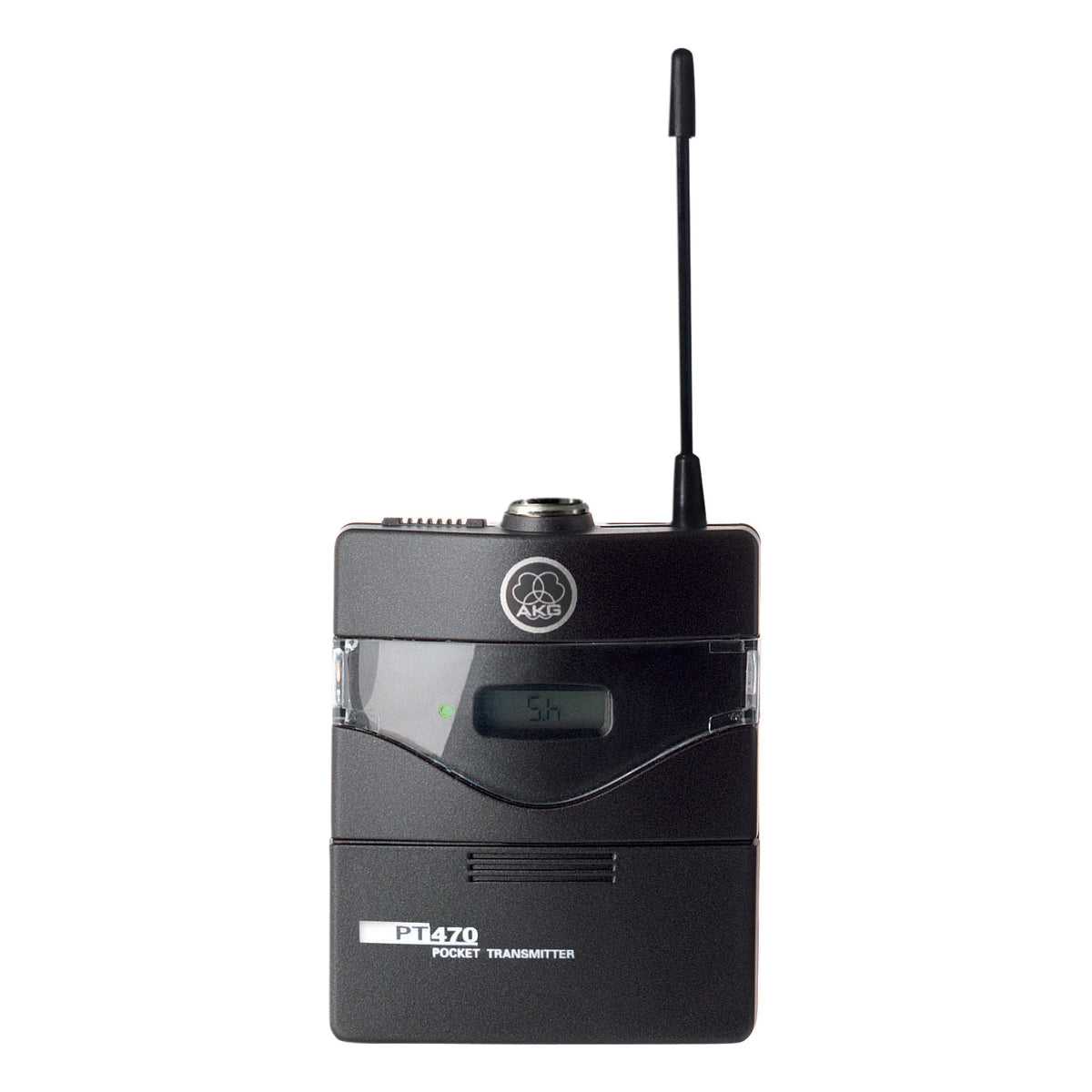 PT470 pocket transmitter front view with LCD channel display, mini-XLR input and flexible antenna, AKG