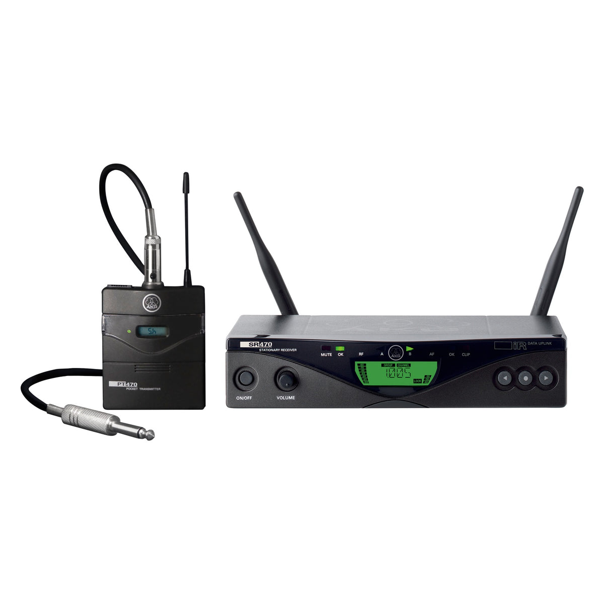 WMS470 Instrumental Set front view with PT470 pocket transmitter, guitar cable and SR470 receiver showing green LCD and dual antennas, AKG