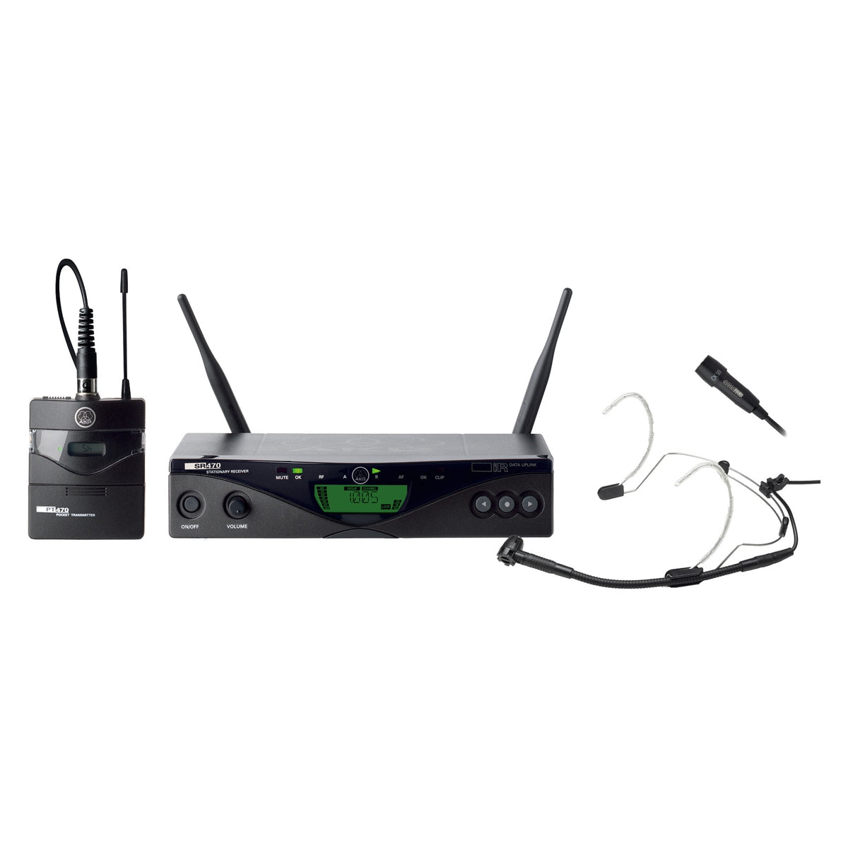 AKG WMS470 Presenter wireless system kit shot with PT470 bodypack transmitter, SR470 receiver showing green LCD and dual antennas, plus headworn and lavalier mics, Harman Professional