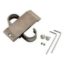 WM transmitter belt clip, spring loaded machined aluminum body shown with two hex keys and mounting screws laid out beside it, Lectrosonics