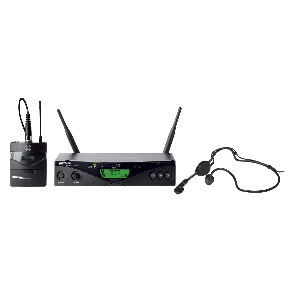 WMS470 Sports Set wireless system front view with PT470 bodypack transmitter, SR470 receiver showing green LCD and dual antennas, and headworn microphone, AKG by Harman Professional