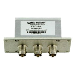 2-way passive RF splitter/combiner front angled view showing three BNC connectors on a metal faceplate and Mini-Circuits ZSC-2-4 label, Lectrosonics
