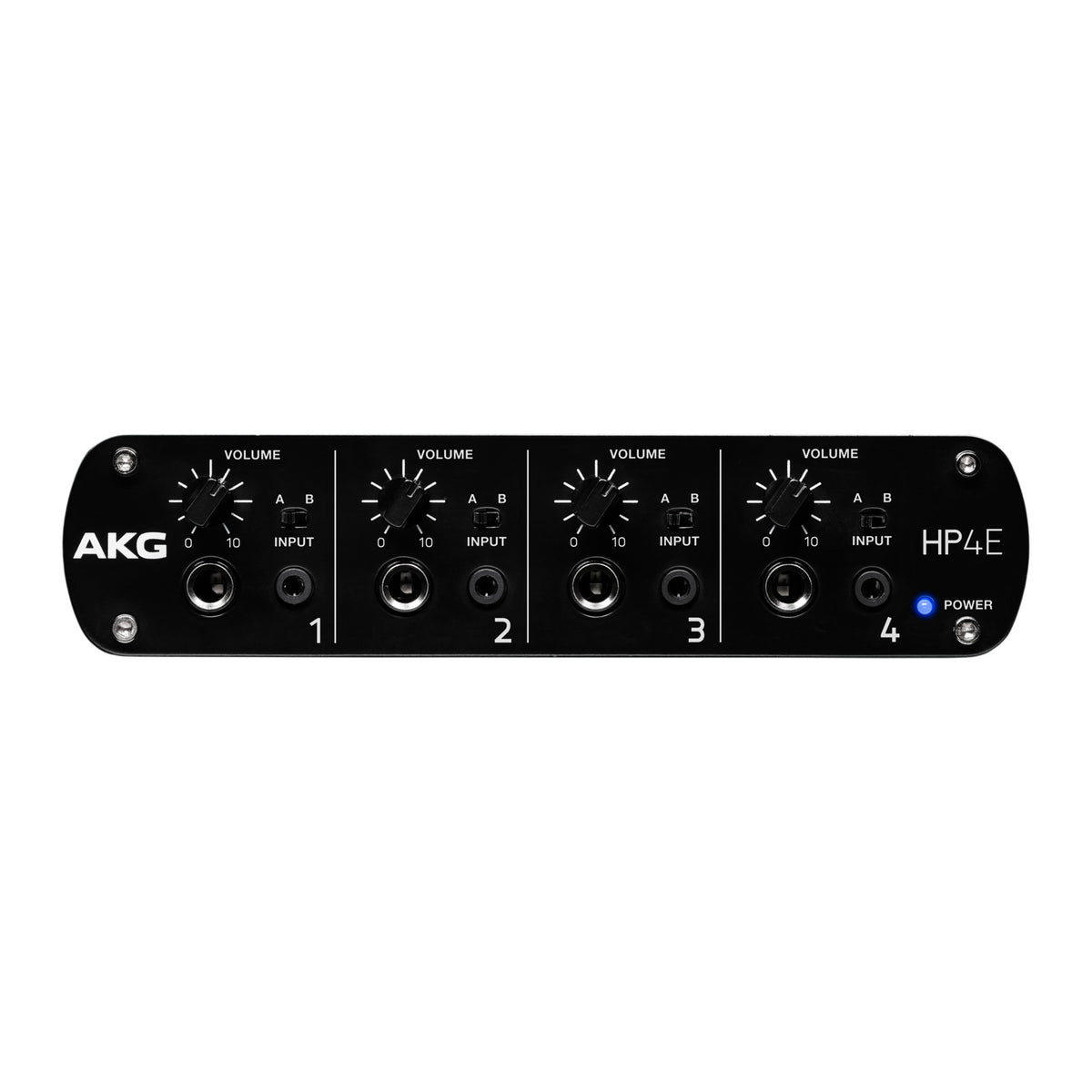 HP4E 4-channel headphone amplifier front panel with four volume knobs, A/B input switches, 1/4-inch and 3.5mm outputs and blue power LED, AKG