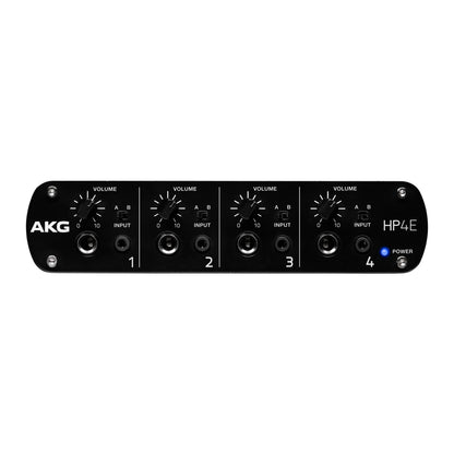HP4E 4-channel headphone amplifier front panel with four volume knobs, A/B input switches, 1/4-inch and 3.5mm outputs and blue power LED, AKG