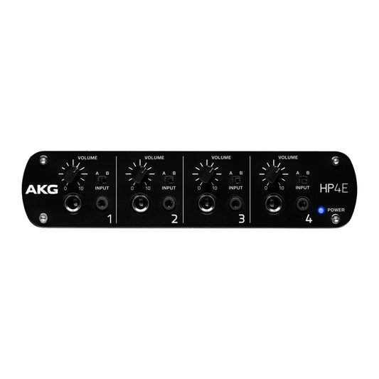 HP4E 4-channel headphone amplifier front panel with four volume knobs, A/B input switches, 1/4-inch and 3.5mm outputs and blue power LED, AKG