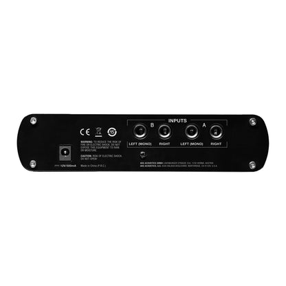HP4E rear panel showing A and B stereo 1/4-inch left/right inputs, 12V DC power jack and safety labeling, AKG