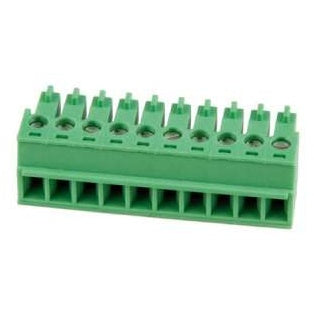 21500 10-position depluggable terminal plug angled front view showing green housing, ten wire entry openings and top screw terminals, Lectrosonics