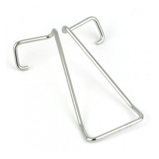 Replacement wire belt clip for LT transmitters, angled product view showing polished stainless steel bent-wire frame with two hooked ends, Lectrosonics