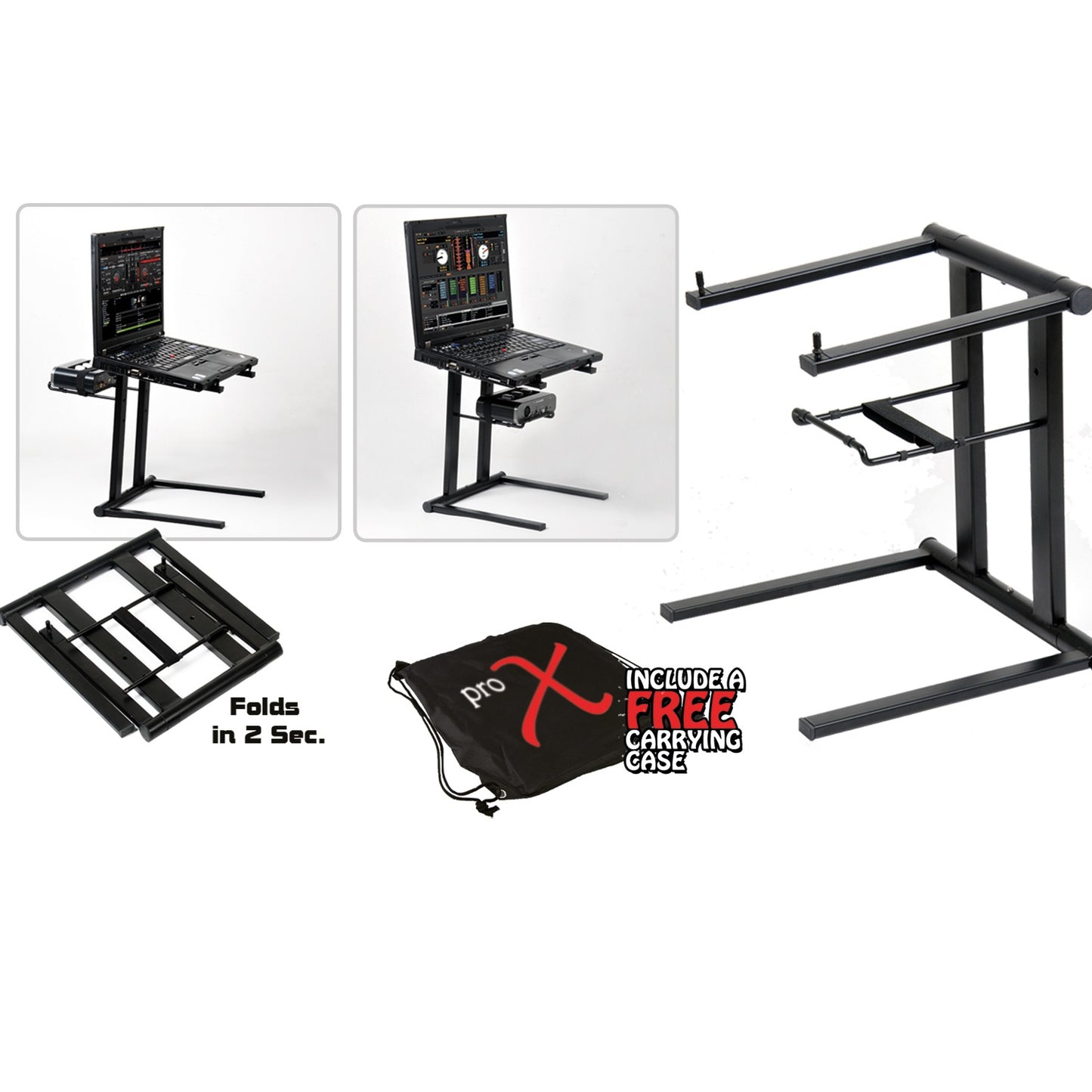 ProX XO DJ Foldable Laptop Stand With Adjustable Shelf & Bag | Black