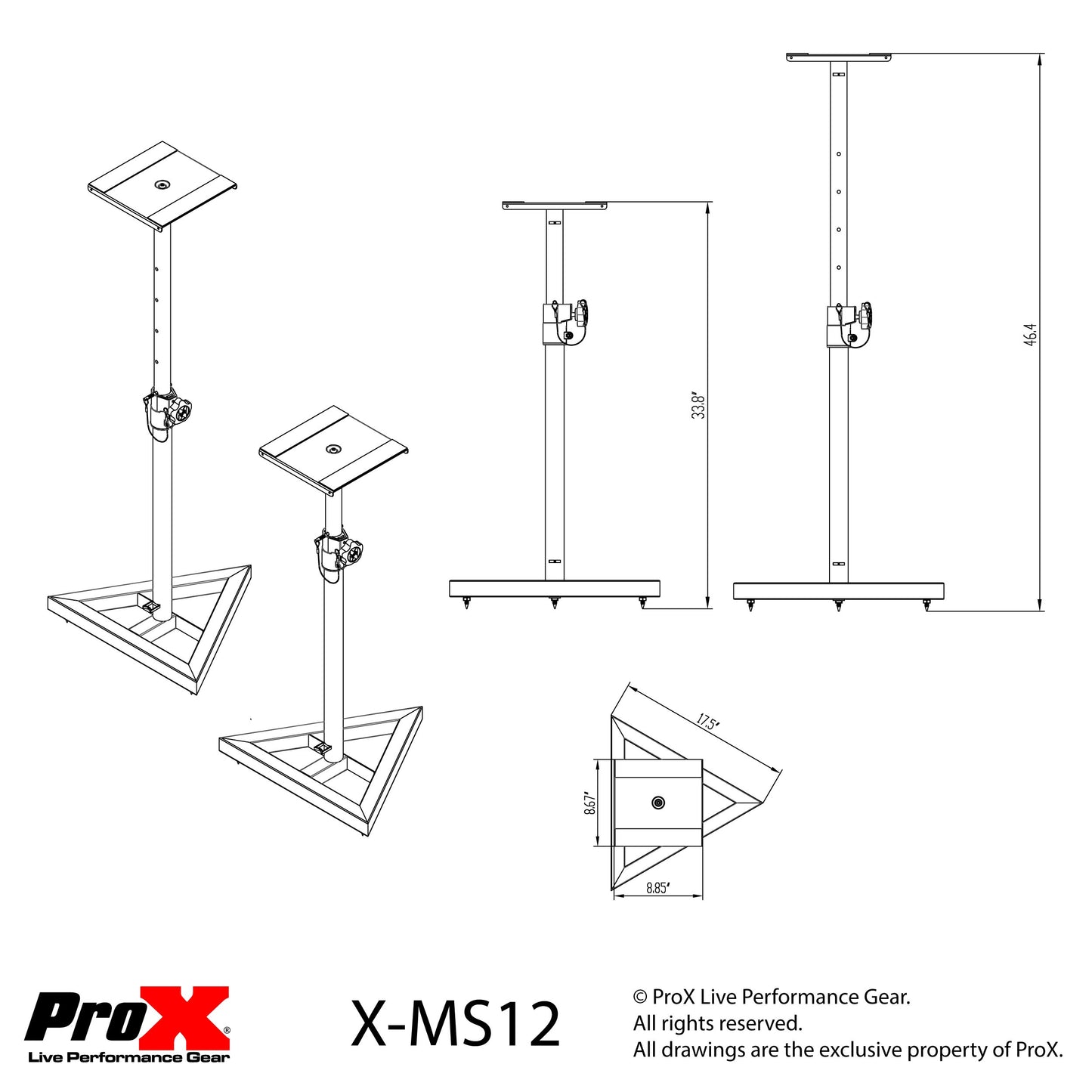 ProX X-MS12 Studio Monitor Stands With Telescoping Height Adjustment