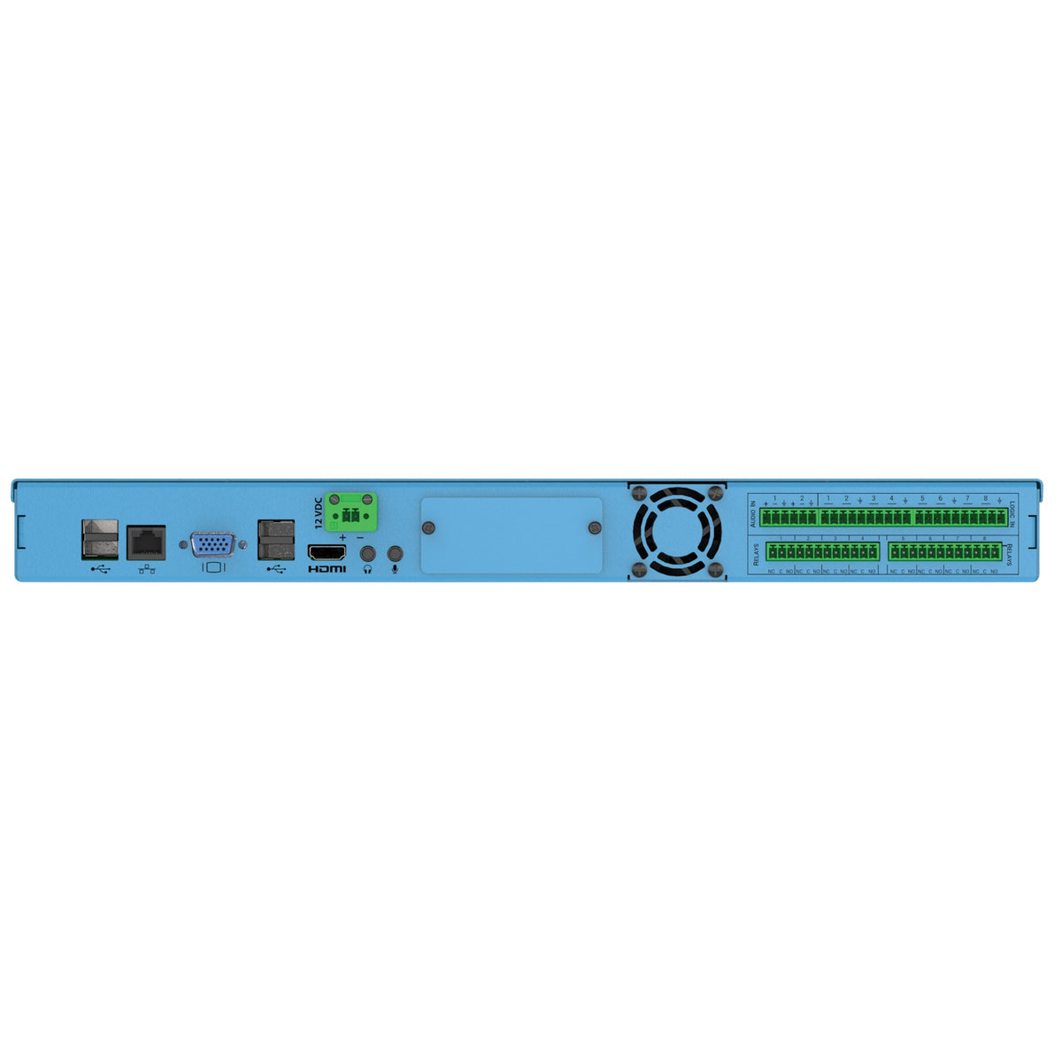IP100 GLOBALCOM network processor rear panel with USB, RJ45 Ethernet, VGA, HDMI and green Phoenix logic and relay terminal blocks, AtlasIED
