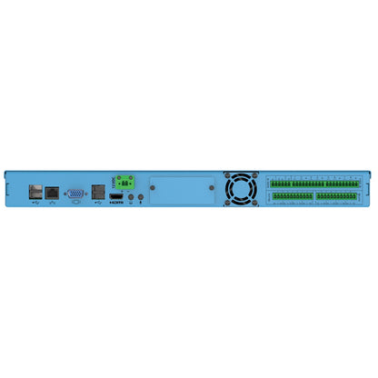 IP100 GLOBALCOM network processor rear panel with USB, RJ45 Ethernet, VGA, HDMI and green Phoenix logic and relay terminal blocks, AtlasIED