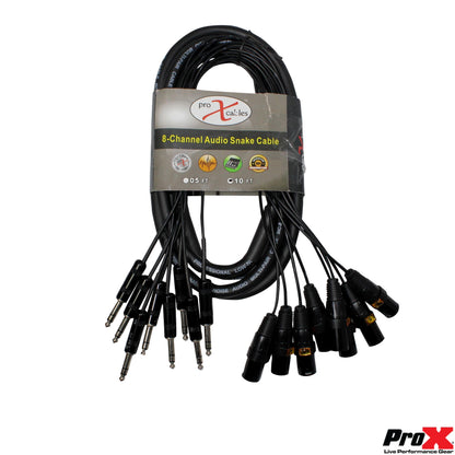 ProX 8-Channel Snake Cable Organized Multi-Channel Audio Run | XLR Male | 1/4 in TRS Male | 10 Ft.
