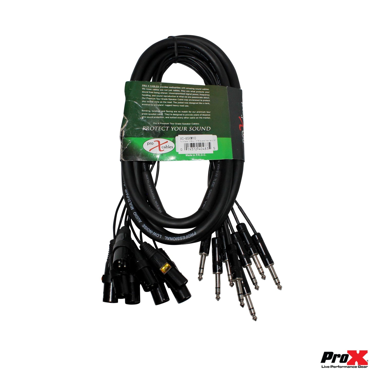 ProX 8-Channel Snake Cable Organized Multi-Channel Audio Run | XLR Male | 1/4 in TRS Male | 10 Ft.