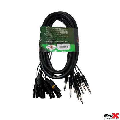 ProX 8-Channel Snake Cable Organized Multi-Channel Audio Run | XLR Male | 1/4 in TRS Male | 10 Ft.