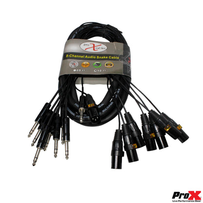 ProX 8-Channel Snake Cable Organized Multi-Channel Audio Run | XLR Male | 1/4 in TRS Male | 10 Ft.