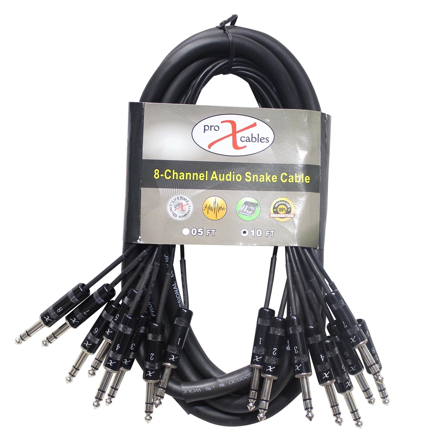 ProX 8-Channel Snake Cable Organized Multi-Channel Audio Run | 1/4 in TRS Male | 1/4 in TRS Male | 10 Ft.