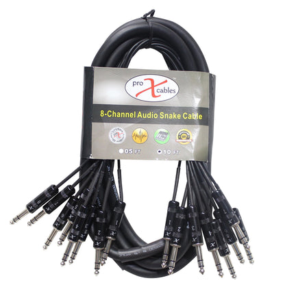 ProX 8-Channel Snake Cable Organized Multi-Channel Audio Run | 1/4 in TRS Male | 1/4 in TRS Male | 10 Ft.