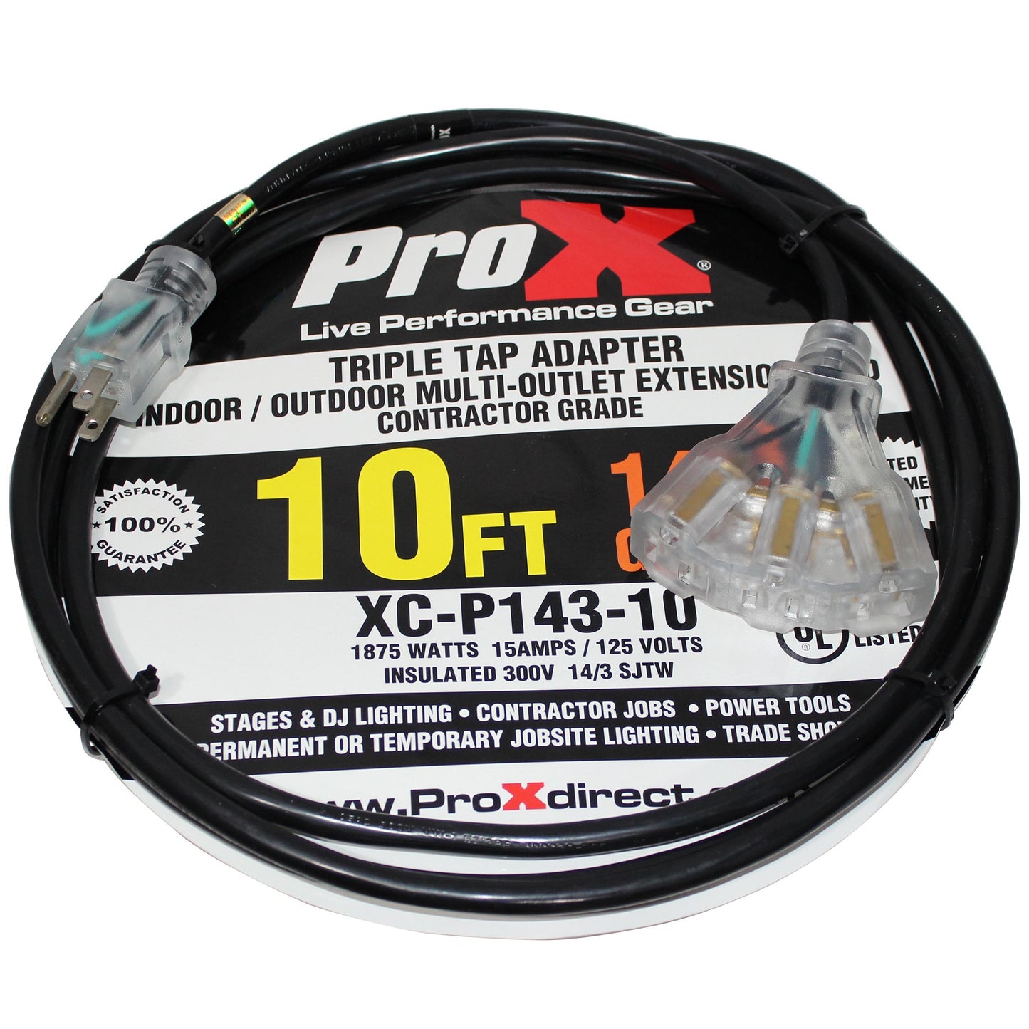 ProX Power Extension Cable 14 AWG OFC NEMA 15 110VAC | Three Outlet | 10 Ft.