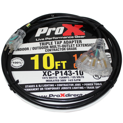 ProX Power Extension Cable 14 AWG OFC NEMA 15 110VAC | Three Outlet | 10 Ft.