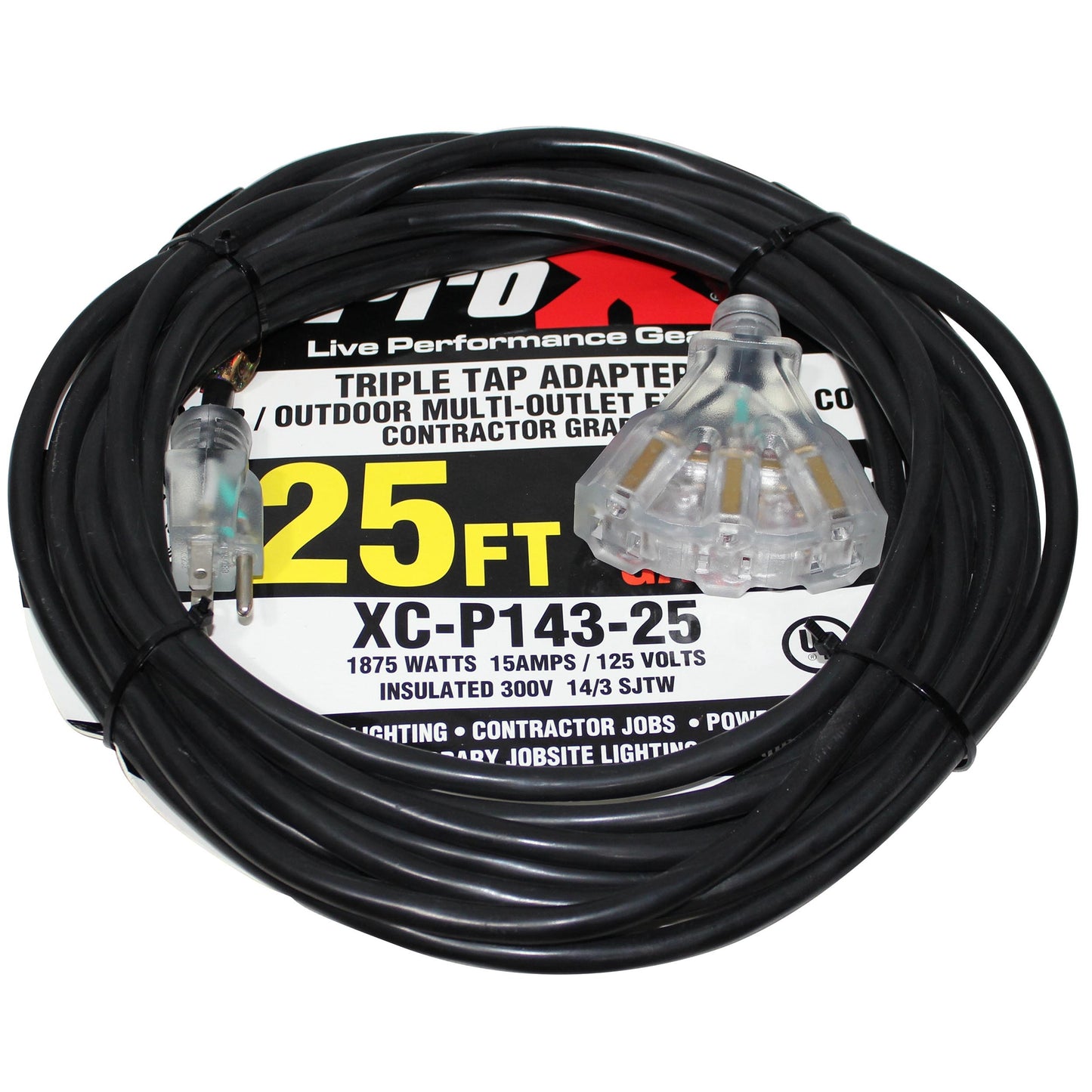 ProX Power Extension Cable 14 AWG OFC NEMA 15 110VAC | Three Outlet | 25 Ft.