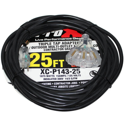 ProX Power Extension Cable 14 AWG OFC NEMA 15 110VAC | Three Outlet | 25 Ft.