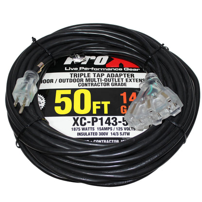 ProX Power Extension Cable 14 AWG OFC NEMA 15 110VAC | Three Outlet | 50 Ft.