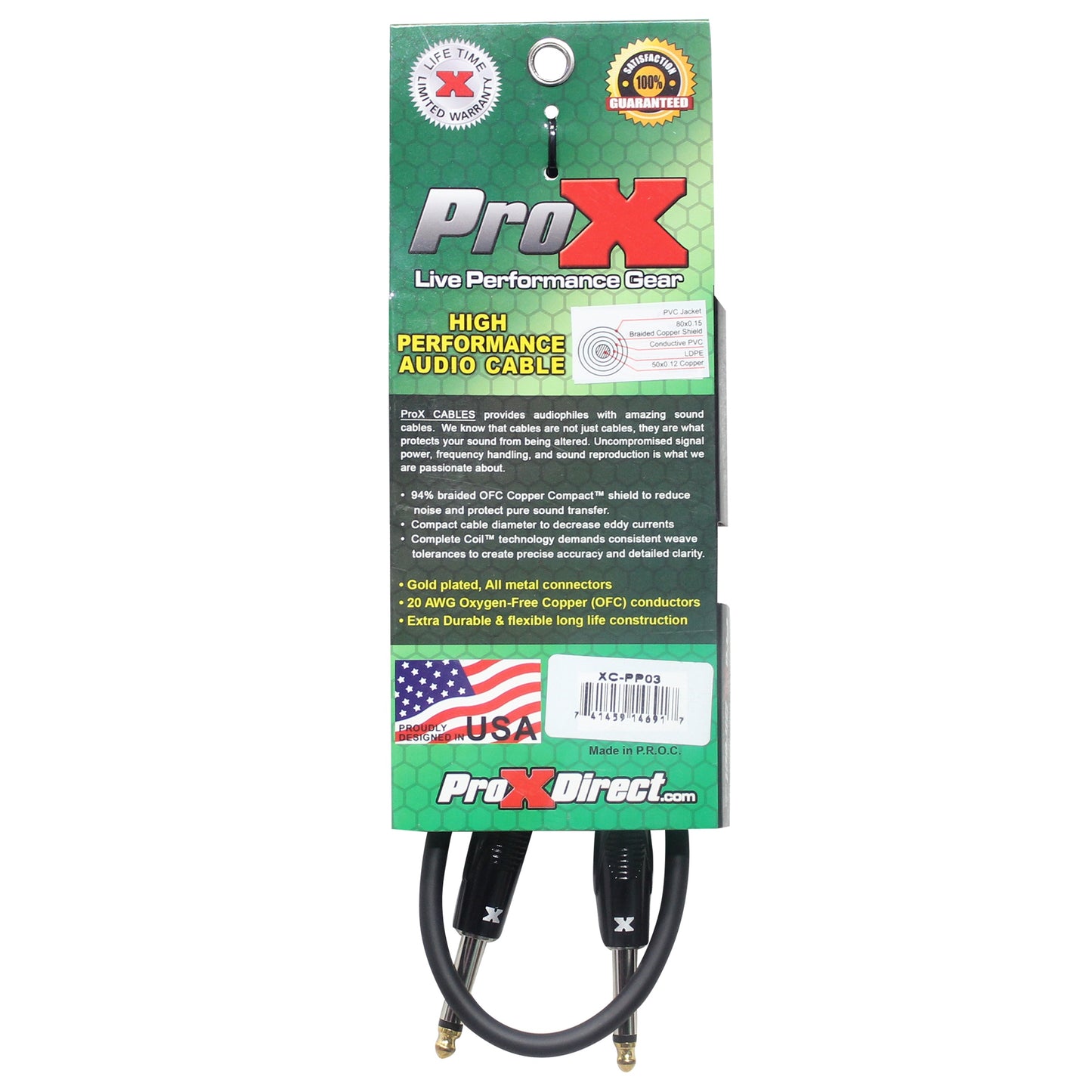 ProX Instrument Cable Unbalanced 1/4" TS-M OFC Pro Audio | 3 ft