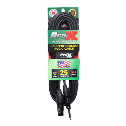 ProX 1/4" TS to XLR-F Audio Cable Unbalanced High Performance | 25 ft