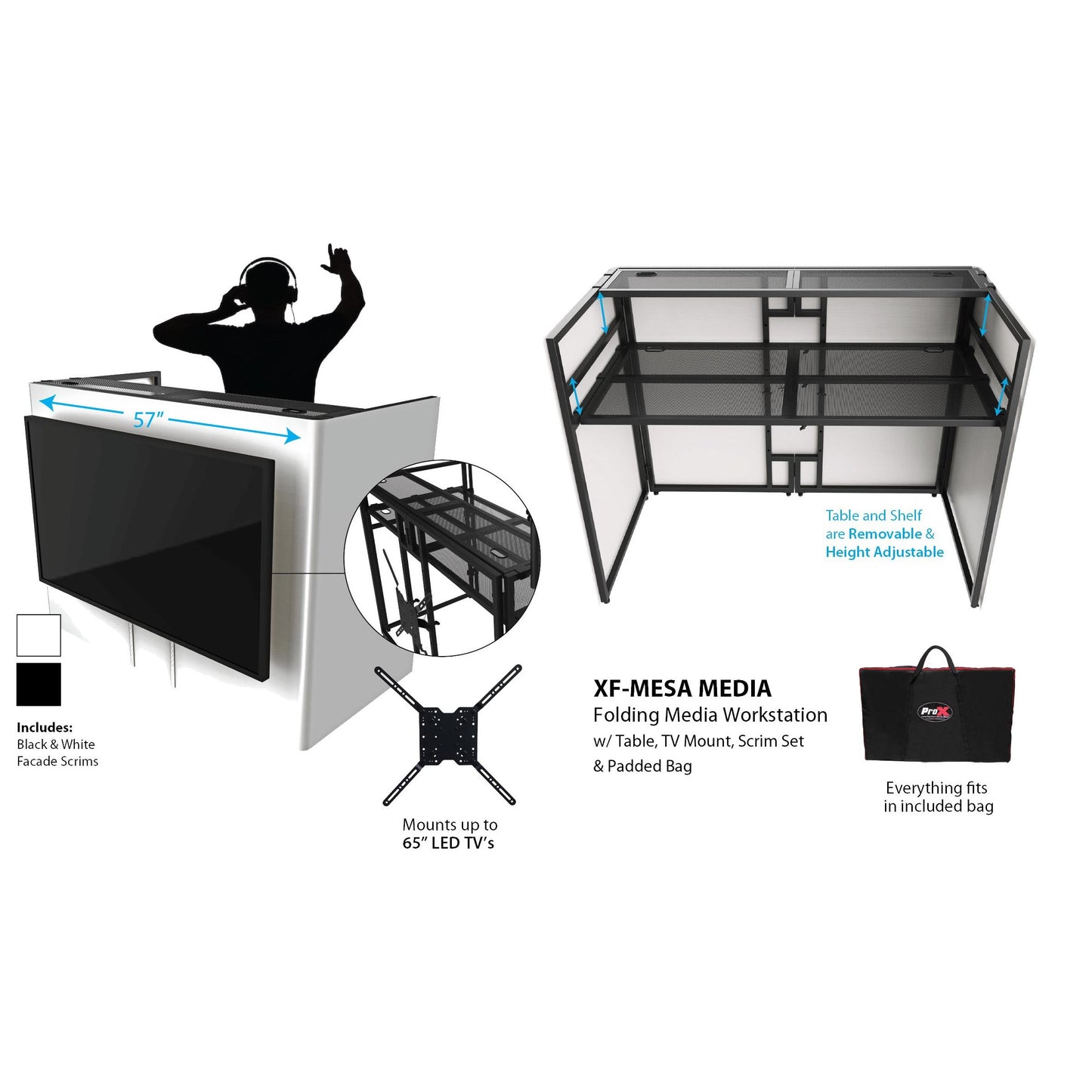 ProX XF-MESAMEDIAMK2 DJ Facade TV Workstation With Scrims and Bag
