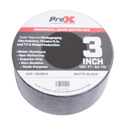 ProX XGF-360BLK 3" Matte Black Commercial Grade Gaffer Tape