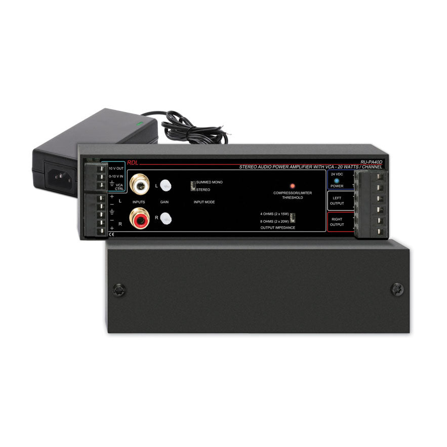RDL RU-PA40D 40 W Stereo Audio Amplifier with VCA - 8 ohm, with Power Supply